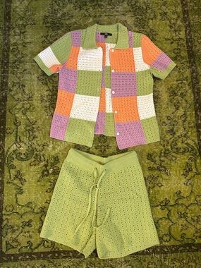 Vans Patchwork Crochet Button-Down Top in Green, Purple, Orange, White